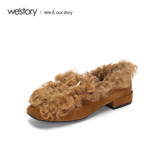 westory冬季新款毛毛鞋内里加绒低跟单鞋舒适女鞋W284M81141 商品图1