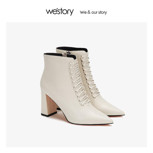 westory商场同款秋冬靴子软皮面粗跟尖头短筒靴子女W284S80561 商品图1