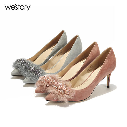 westory浅口高跟鞋尖头珍珠单鞋绒面女鞋W281E50651 商品图4