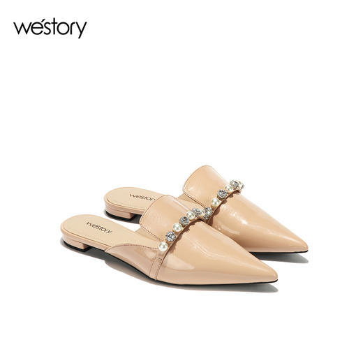 westory2018欧美尖头亮皮平跟包头方跟水钻珍珠女穆勒拖鞋W281J50841 商品图0