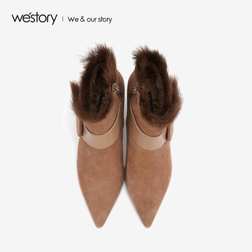 westory商场同款冬季时尚高跟短靴细跟尖头毛毛靴子W284S81201 商品图1