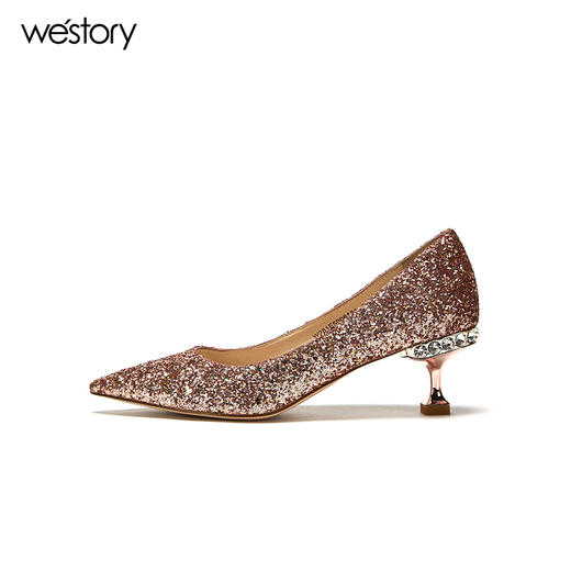 westory水晶鞋浅口单鞋女亮片闪钻高跟鞋尖头婚鞋W281E50061 商品图2