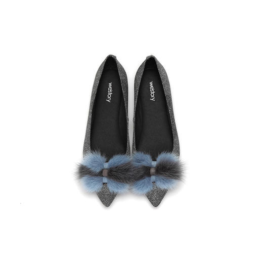 【专柜同款】水貂毛绒球尖头平跟女士羊皮浅口单鞋W283E70231 商品图2