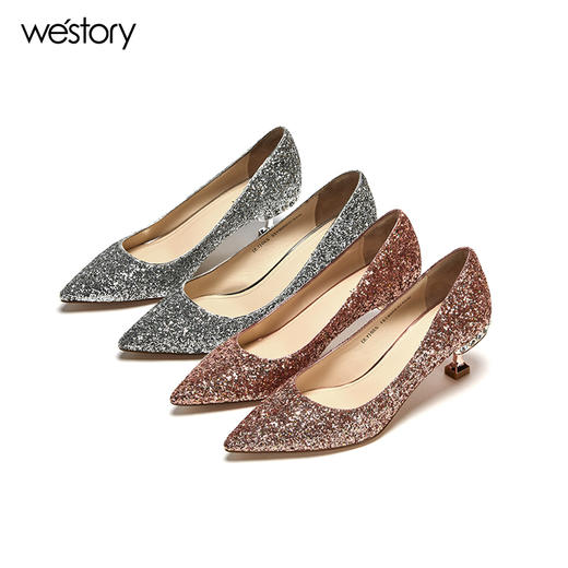 westory水晶鞋浅口单鞋女亮片闪钻高跟鞋尖头婚鞋W281E50061 商品图4