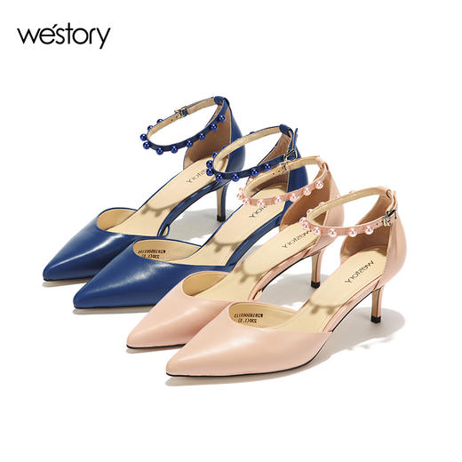 westory夏季新款凉鞋一字带细高跟鞋珍珠单鞋尖头女鞋凉鞋W281H50031 商品图4