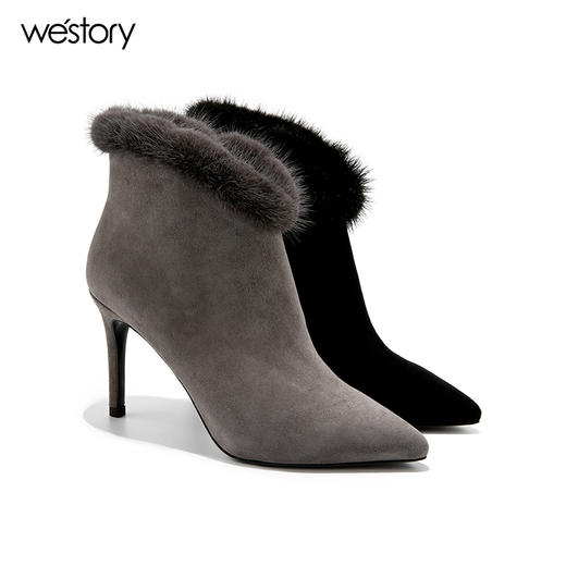 westory 秋季新款靴子女貂毛短靴细跟女靴尖头高跟绒面靴80081 商品图4