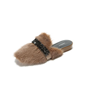 westory秋季圆头平底包头毛毛拖鞋女外穿拖鞋社会女鞋W273J70661