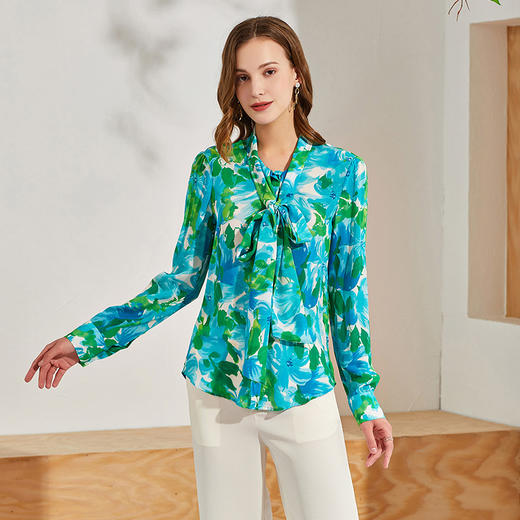 丁摩 真丝衬衫女长袖时尚印花桑蚕丝衬衫飘带上衣Q121025-DW599 商品图3