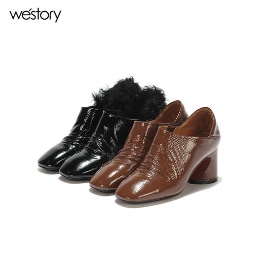 westory秋冬新款皮鞋漆皮中跟女鞋马蹄跟深口单鞋W273M70591 商品图4