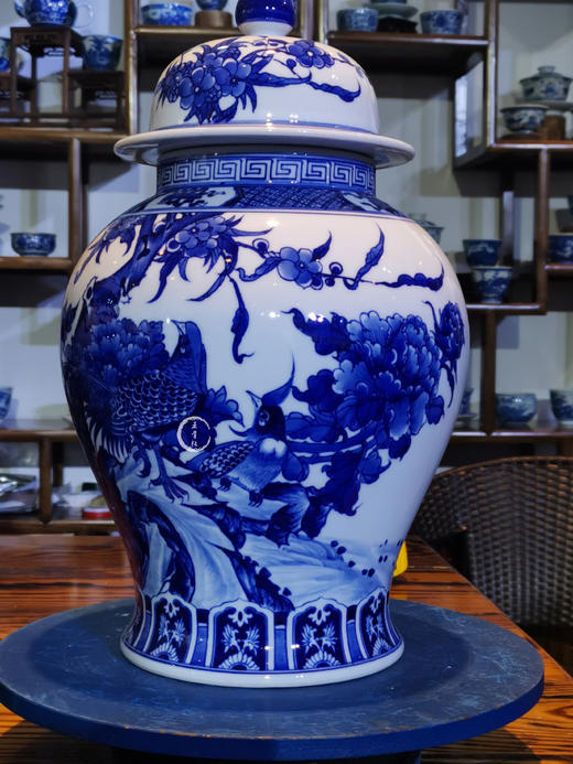 曹细毛：柴窑青花锦鸡牡丹富贵图将军罐 商品图2