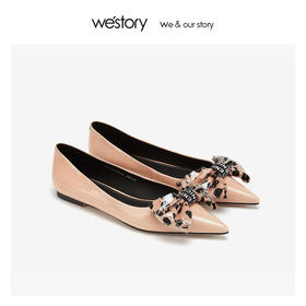 westory2019新款性感豹纹尖头平底单鞋女蝴蝶结休闲风W29AE50081