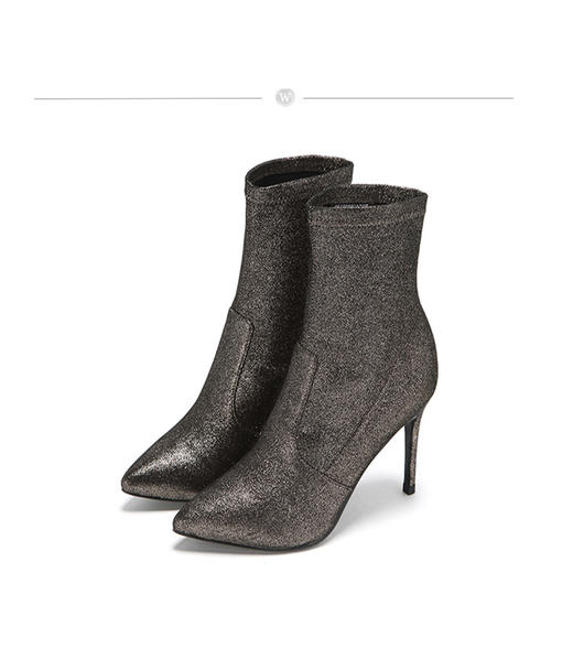 westory商场专柜同款弹力羊皮尖头朋风金属色社交高跟修腿短靴W274C80231 商品图4