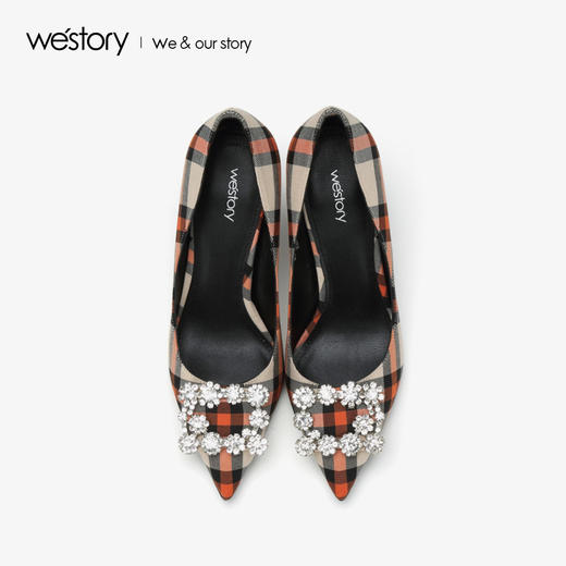westory秋冬水钻方扣浅口单鞋格子宴会高跟鞋女W283E70091 商品图4