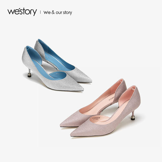westory商场同款亮片尖头高跟鞋细跟银色婚鞋气质单鞋W29AH50641 商品图0