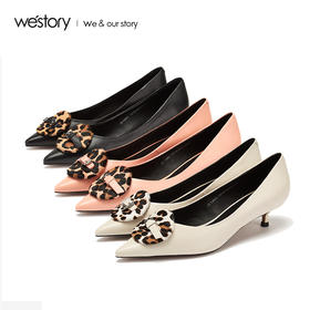 westory商场同款春夏豹纹饰扣浅口单鞋女纯色中跟尖头女鞋W29AE50391