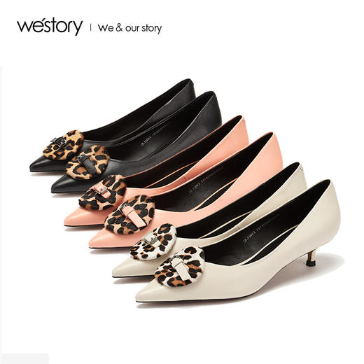 westory商场同款春夏豹纹饰扣浅口单鞋女纯色中跟尖头女鞋W29AE50391 商品图0