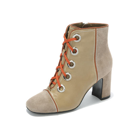 westory秋季粗跟系带方头时尚短靴短筒皮靴舒适女靴W274S80611 商品图1