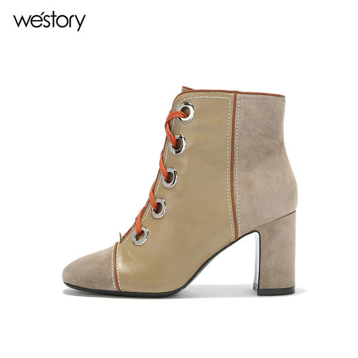 westory秋季粗跟系带方头时尚短靴短筒皮靴舒适女靴W274S80611 商品图2