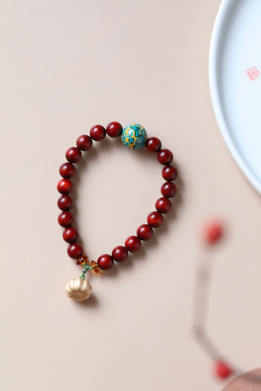 【青山特惠】原创设计-紫檀0.8cm配大漆珠合金南瓜手串 y37