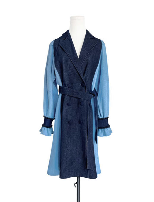 TYNVIE 灯笼袖拼接中长大衣 - 蓝色 商品图1