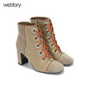 westory秋季粗跟系带方头时尚短靴短筒皮靴舒适女靴W274S80611 商品缩略图0