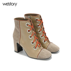 westory秋季粗跟系带方头时尚短靴短筒皮靴舒适女靴W274S80611
