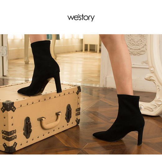 westory2018年冬季新款绒面短筒靴子粗高跟女靴瘦瘦靴W284S80122 商品图4