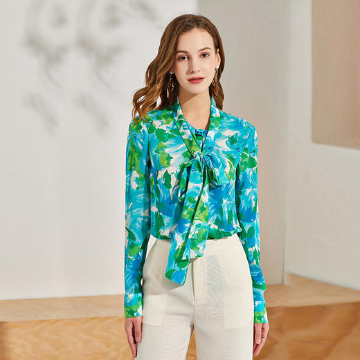 丁摩 真丝衬衫女长袖时尚印花桑蚕丝衬衫飘带上衣Q121025-DW599 商品图0