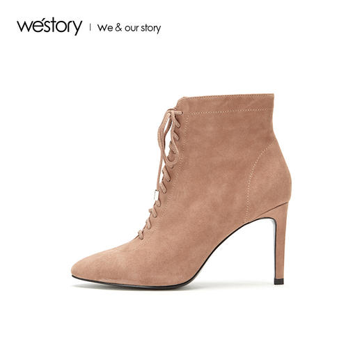 westory商场同款秋冬绒面系带时尚短靴高跟鞋尖头细跟女W284S80171 商品图0
