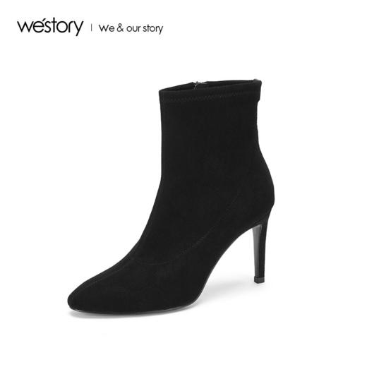 westory商场同款秋冬绒面短靴时尚细跟女鞋尖头高跟鞋W284S80142 商品图0