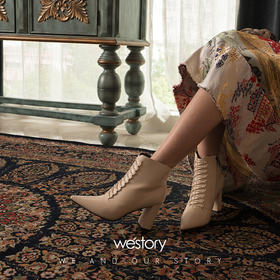 westory商场同款秋冬靴子软皮面粗跟尖头短筒靴子女W284S80561