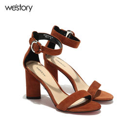 westory夏季凉鞋一字式扣带镂空露趾高跟鞋粗跟女鞋W272G60001