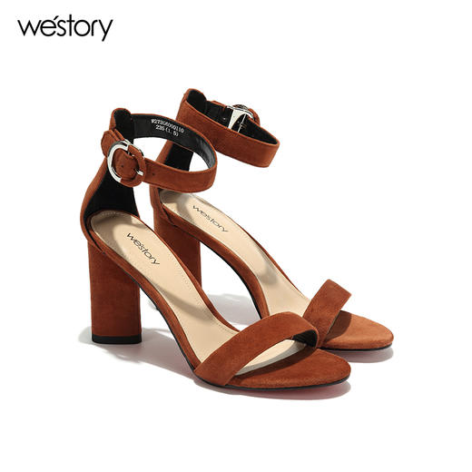 westory夏季凉鞋一字式扣带镂空露趾高跟鞋粗跟女鞋W272G60001 商品图0