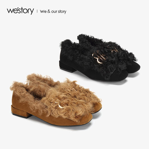 westory冬季新款毛毛鞋内里加绒低跟单鞋舒适女鞋W284M81141 商品图4