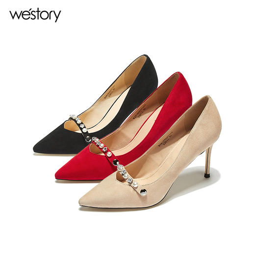 westory新款单鞋珍珠女鞋水钻高跟鞋浅口单鞋W281E50471 商品图4