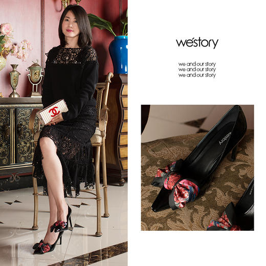westory新款浅口单鞋蝴蝶结高跟鞋时尚女鞋W283E70501 商品图2
