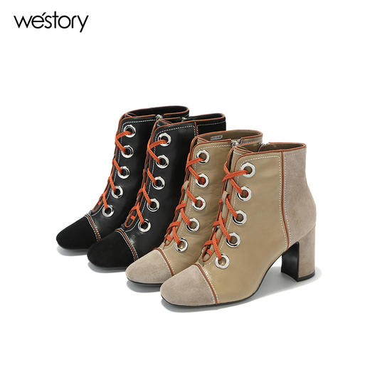 westory秋季粗跟系带方头时尚短靴短筒皮靴舒适女靴W274S80611 商品图4