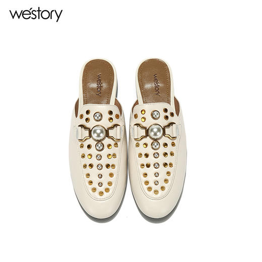 westory新款夏季拖鞋珍珠铆钉包头穆勒鞋平底舒适低跟女鞋W281J50881 商品图2