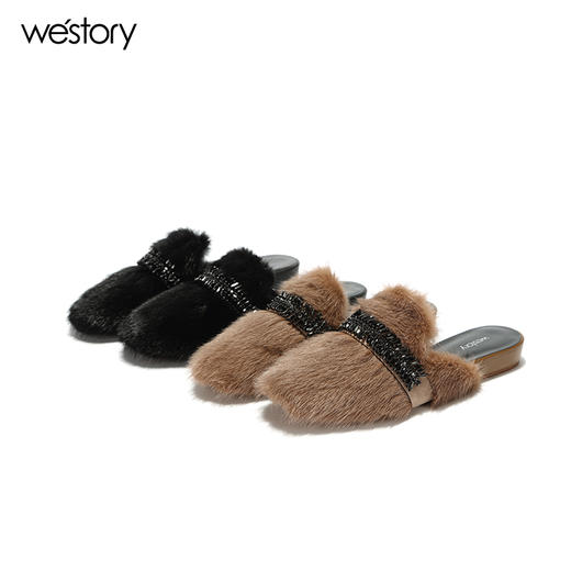 westory秋季圆头平底包头毛毛拖鞋女外穿拖鞋社会女鞋W273J70661 商品图3