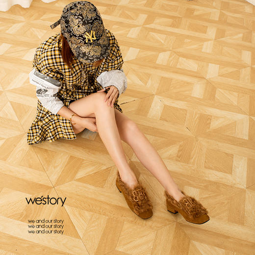 westory冬季新款毛毛鞋内里加绒低跟单鞋舒适女鞋W284M81141 商品图2
