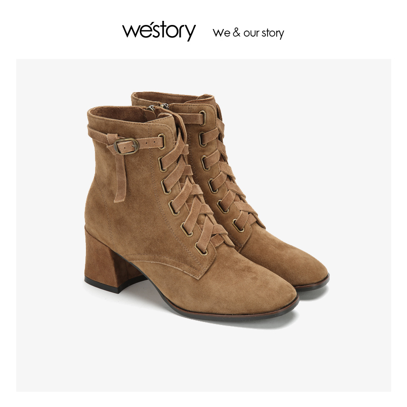 westory2018年新款冬靴绒面短靴时尚粗跟女靴子W284S81111