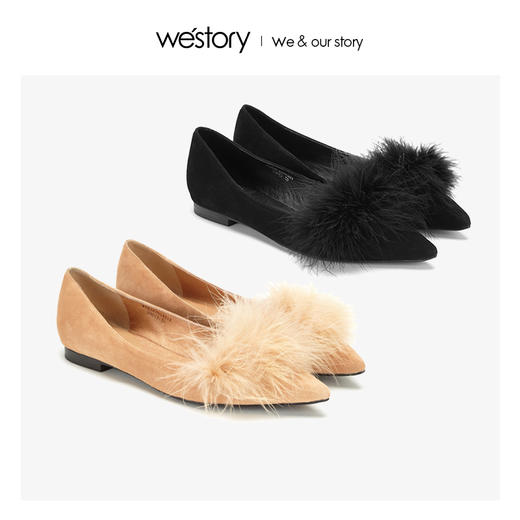 westory浅口尖头单鞋平底舒适皮里毛毛鞋女W283E70142 商品图0