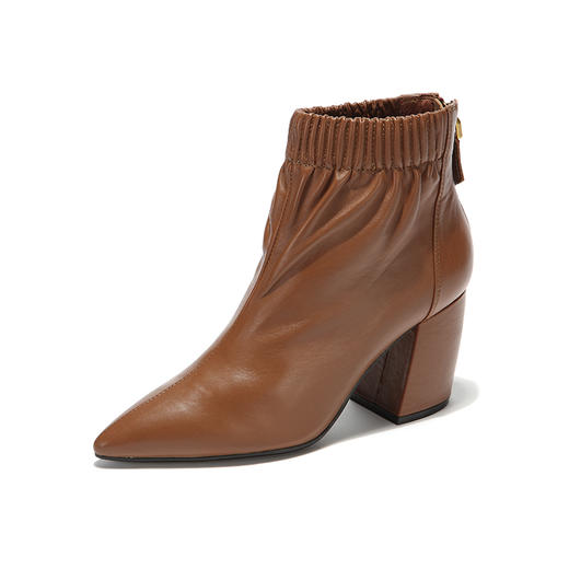 westory 秋冬新款靴子女尖头方根短靴牛皮中跟女靴W274S80741 商品图1