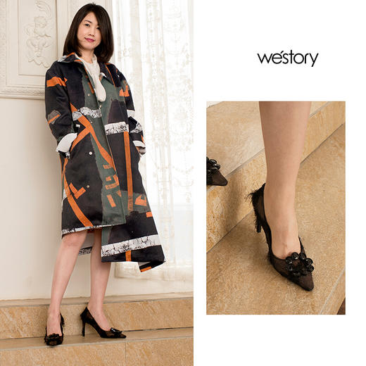 westory商场同款浅口单鞋时尚圆扣高跟水钻女鞋W283E70491 商品图1