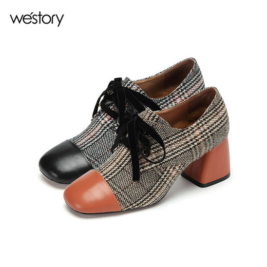 westory商场同款春季新款单鞋女方根女鞋格子布高跟鞋女W281M50791 商品图1