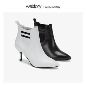 westory2018年秋冬新款短靴皮面切尔西尖头女鞋高跟鞋W284S80021