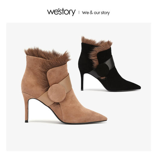 westory商场同款冬季时尚高跟短靴细跟尖头毛毛靴子W284S81201 商品图0