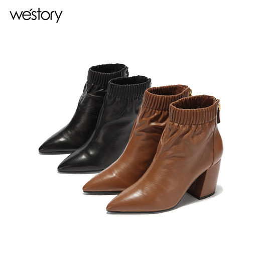 westory 秋冬新款靴子女尖头方根短靴牛皮中跟女靴W274S80741 商品图4