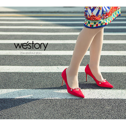 westory新款单鞋珍珠女鞋水钻高跟鞋浅口单鞋W281E50471 商品图2