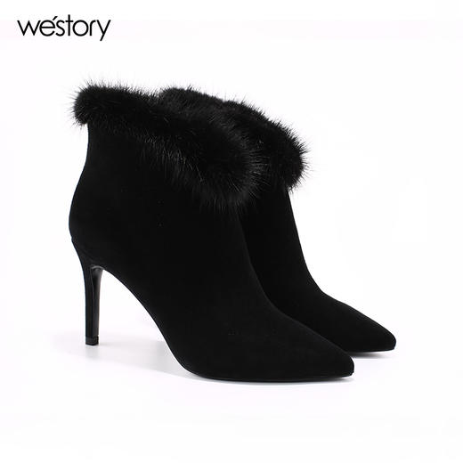 westory 秋季新款靴子女貂毛短靴细跟女靴尖头高跟绒面靴80081 商品图3